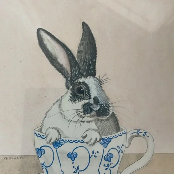 Set of Four Rabbit Teacup Prints in Wooden Frames - Picture 12 of 12